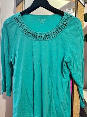 Talbots Crochet Trim Bateau Neck Tee Green Large